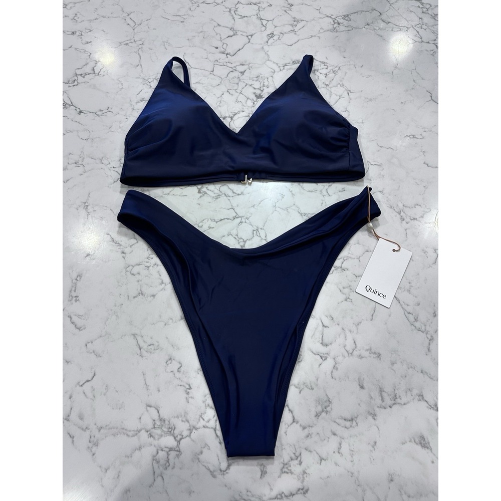 New Quince Deep Navy Italian V Neck Bikini Top & High Leg Bottom Set Size XL